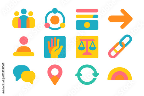Inclusive Community Icons. Community Inclusion Symbols flat set: group inclusion tile, access node ring, shared input bar, welcoming path arrow, inclusive seat dot, diverse-hand