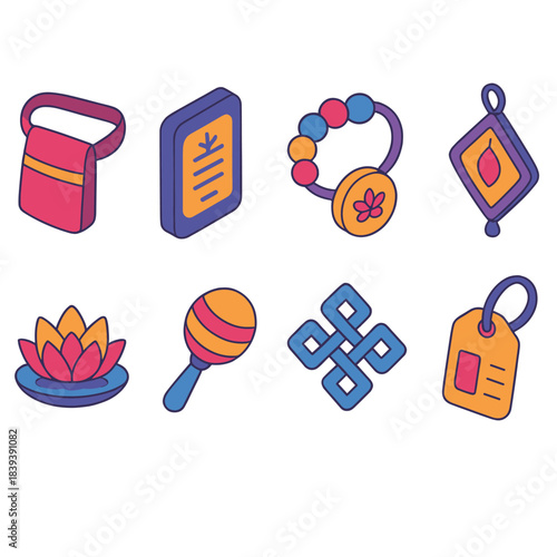 Cultural Travel Icons. Cultural Travel Accessories isometric flat set: pocket sash, small story tablet, charm bracelet, lightweight ornament, offering flower icon, mini music