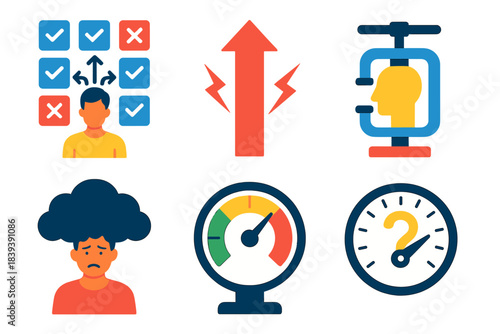 Decision Stress Icons. Selection Stress Scenarios flat set: crowded option grid, tension arrow, decision squeeze icon, stress cloud, pressure dial, outcome uncertainty gauge.