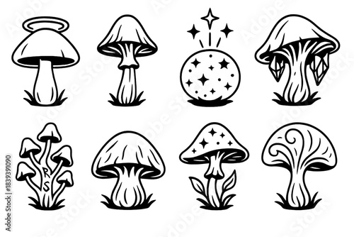 Mystic Mushroom Collection. Arcane Fungal Species linear set: halo-cap mushroom, ripple-stalk shroom, starfall puffball, crystal-veil fungus, rune-spore sprig, ember-gill dome,