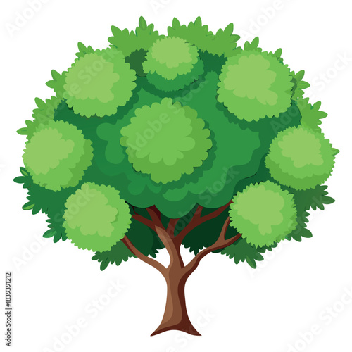 Beautiful green tree illustration with layered foliage and a textured trunk, in a clean, watercolor-style design