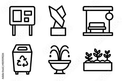 Civic Space Icons. Civic space elements linear set: notice board, public art shape, transit stop, recycle bin, fountain jet, garden plot.