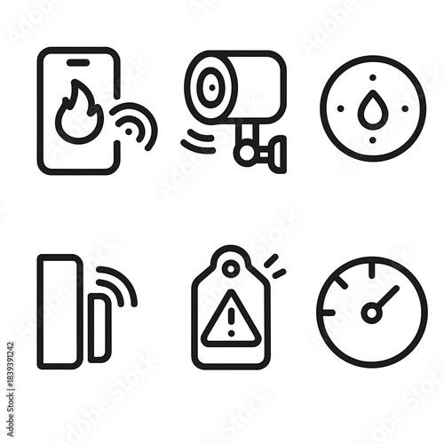 Smart Home Safety Icons. Smart Home Safety Tools linear set: app-linked detector, wireless camera, environmental sensor, entry monitor, tamper alert tag, system health meter.