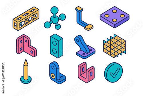 Isometric Assembly Icons. Assembly Framework Pieces isometric flat set: lattice beam, node connector, support strut, bolt matrix, hinge bracket, spacer block, mounting arm,