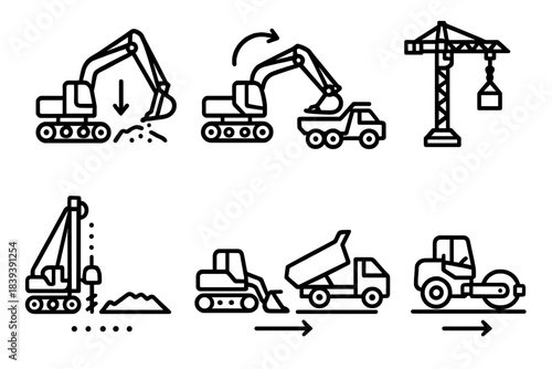 Construction Icons Workflow. Construction Machine Workflow linear set: excavator reach, bucket curl, truck loading cycle, crane lift arrow, drilling pattern step, blade leveling,
