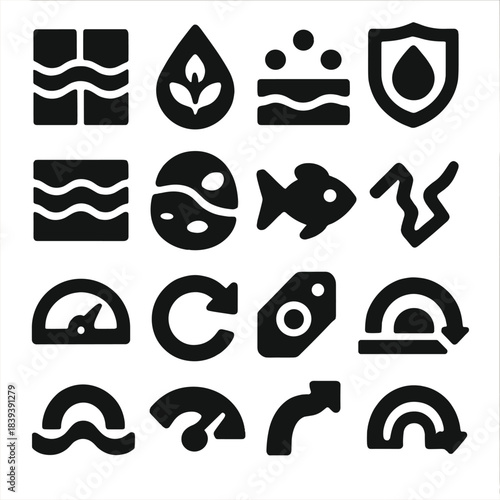 Freshwater Conservation Icons. Freshwater Conservation Systems silhouette set: clean-flow tile, habitat safeguard node, nutrient-control bar, contamination shield ring, riparian