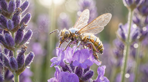 Macro Shot of a Futuristic Mechanical Robotic Bee Pollinating a Purple Flower, Artificial Intelligence in Agriculture