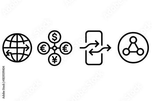 Global Finance Icons. Borderless Finance Flows linear set: global transfer stream, currency-agnostic node, open-value conduit.