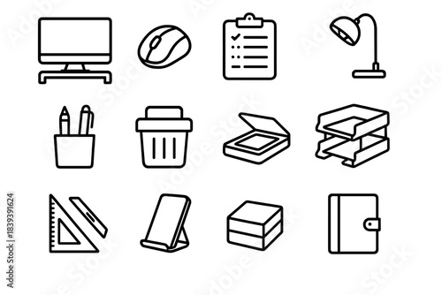 Workspace Icons Collection. Workspace Essentials Suite linear set: monitor riser, ergonomic mouse, task planner, desktop pen set, clip-on lamp, shred bin, compact scanner,