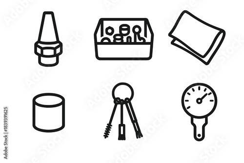 Micro-Tool Maintenance Icons. Micro-Tool Maintenance linear set: detail nozzle, small parts bin, maintenance cloth, mini brush set, safety cap, precision gauge.
