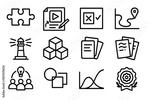 Innovative Concept Icons. Innovation & Co-Creation linear set: concept puzzle pieces, prototype sketch, testing marks, creative route map, solution beacon, modular idea blocks,