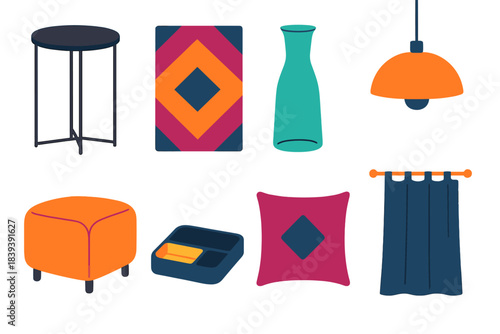 Modern Living Essentials. Modern living essentials flat set: metal side table, geometric rug, glass carafe, ottoman, pendant light, organizer tray, accent cushion, curtain panel.