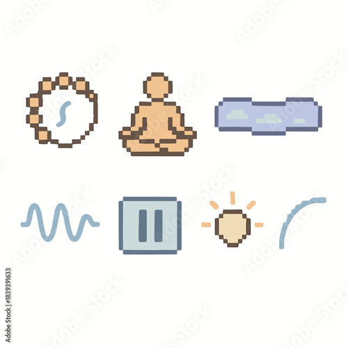 Pixel Art Icons. Awareness and Presence Icons pixel style set: breath bead, gentle sit pose, open sky band, grounding pebble, mindful rhythm line, calm pause tile, insight point,