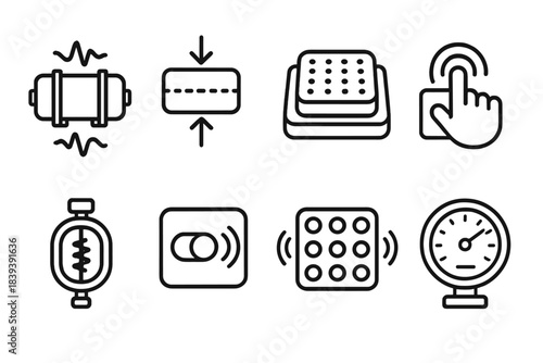 Haptic Control Elements. Haptic control elements linear set: pulse motor, compression sensor, textured feedback button, reactive surface, tension gauge, tap-response switch,