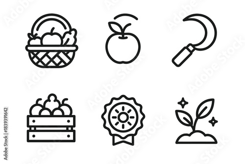 Harvest Icons Collection. Productive Harvesting linear set: produce basket, ripe fruit symbol, harvesting knife, storage crate, freshness mark, abundance sprout.
