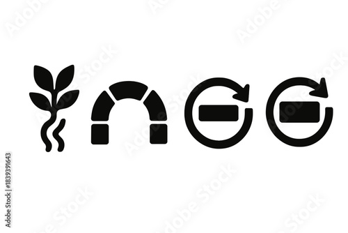 Eco Material Icons. Eco-Circular Material Systems silhouette set: plant-based strand, reclaimed-material arc, circular-use bar.