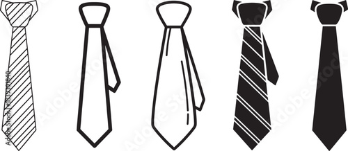 Necktie Icon Set – Outline, Striped, Faceted, and Solid Silhouette Tie Designs for Business, Office, Fashion Graphics, Formal Wear, Menswear Branding, and Vector Illustrations
