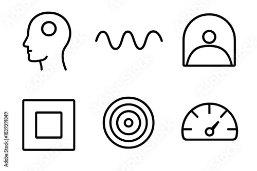 Mindful Iconography. Mindful Awareness Patterns linear set: meditative head icon, steady attention wave, slow-motion thought arc, centered field tile, reflective pulse ring,