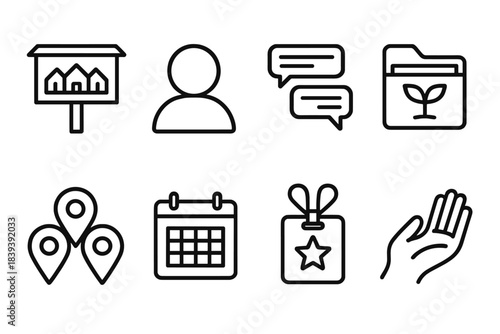 Digital Community Icons. Grassroots Digital Spaces linear set: neighborhood forum sign, profile circle, message thread, resource folder, event calendar, map pin cluster, volunteer