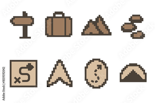 Pixel Art Travel Icons. Travel Path Forms pixel style set: direction glyph, journey bag, ridge silhouette, stepping stone line, open trail tile, navigation arrow, travel token,