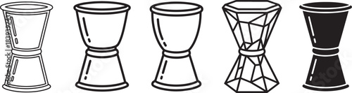 Measuring Cup Icon Set – Outline, Minimal, Faceted Geometric, and Solid Silhouette Liquid Measurement Glasses for Kitchen Tools, Bar Equipment, UI Icons, and Vector Illustrations