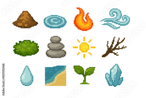 Elemental Pixel Icons. Elemental Balance Set pixel style set: earth mound, water ripple, flame curl, airy swirl, moss patch, pebble stack, sunlight ray, branch silhouette, mist