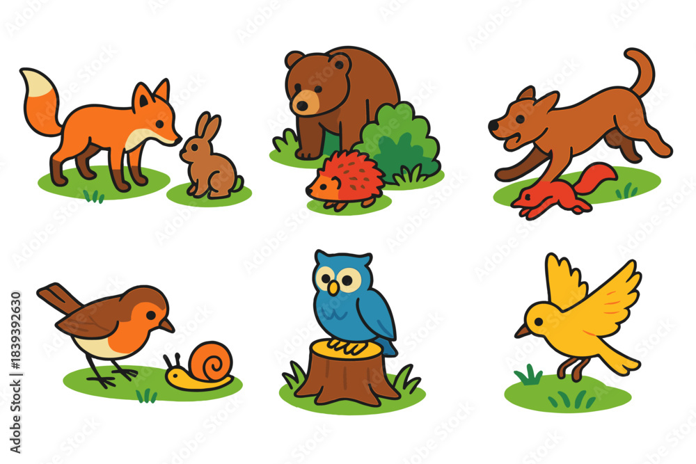 Obraz premium Animal Interaction Icons. Outdoor Animal Interactions isometric flat set: gentle sniff, cautious peek, playful chase, curious tilt, quiet watch, soft landing.