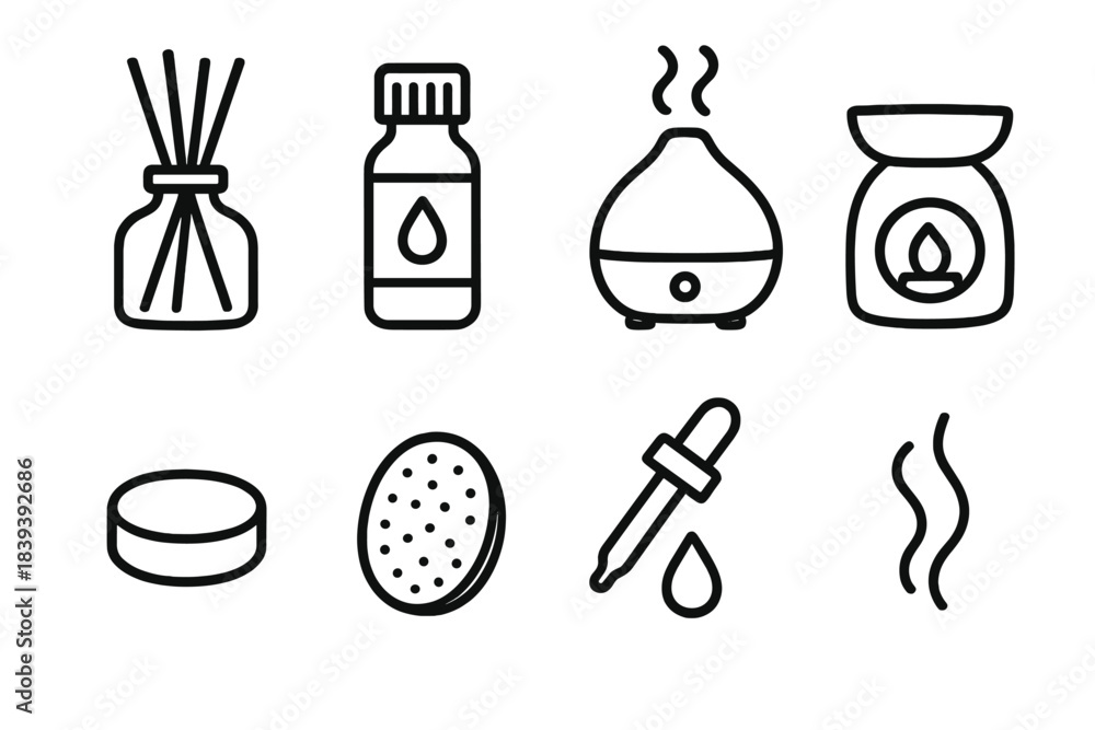 Fototapeta premium Aromatherapy Diffuser Icons. Aromatherapy Diffuser Set linear set: oil diffuser jar, bamboo reeds, concentrated scent oil, cool-mist unit, aroma puck, terracotta scent stone,