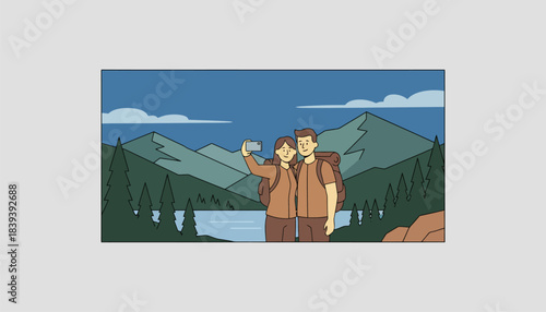 A scenic hike through nature with a couple pausing to take a selfie against a breathtaking view.