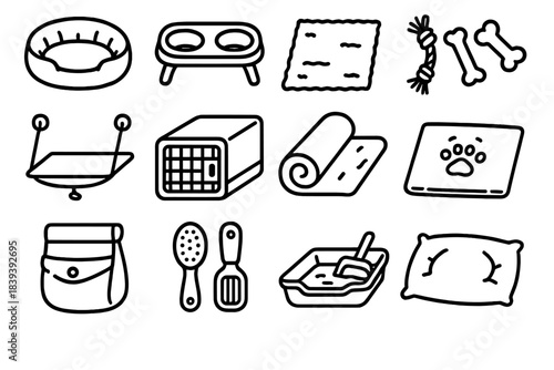 Pet Habitat Essentials. Indoor Pet Habitat Gear linear set: cushioned nest, dual bowl stand, soft rug, chew toy set, window perch, cozy crate, bedding roll, play mat, treat pouch,