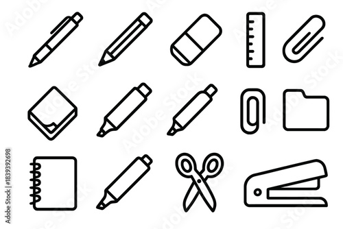 Office Stationery Icons. Office Stationery Essentials linear set: gel pen tile, pencil lead node, eraser bar, metric ruler ring, sticky pad patch, fluorescent highlighter stripe,