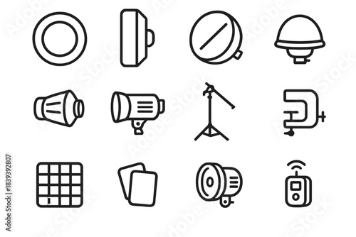 Studio Equipment Icons. Studio Lighting Equipment linear set: ring light halo, strip softbox, silver reflector, diffuser dome, snoot attachment, strobe head, boom arm stand,