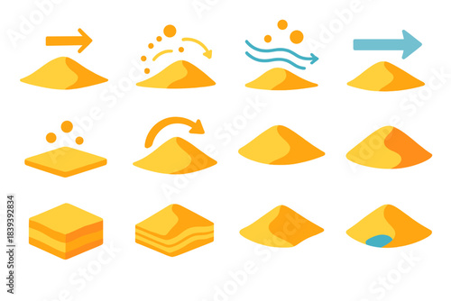 Dune Process Icons. Dune Formation Processes isometric flat set: sand transport arrow, saltation motion icon, suspension drift, surface creep, wind direction arrow, sediment supply