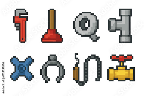 Plumbing Icon Essentials. Plumbing Essentials pixel style set: pipe wrench, plunger, Teflon tape, PVC pipe, faucet handle, pipe clamp, drain snake, shutoff valve. .
