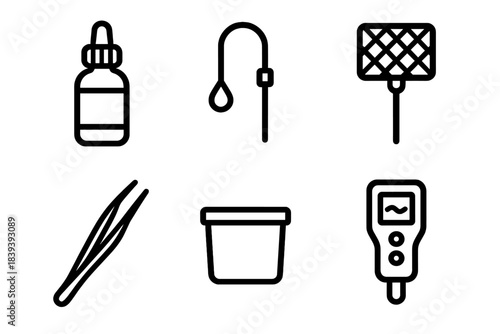 Aquarium Tools Icons. Aquarium Support Tools linear set: dropper bottle, drip acclimation tube, micro net, feeding tweezer, small container cup, stability meter.