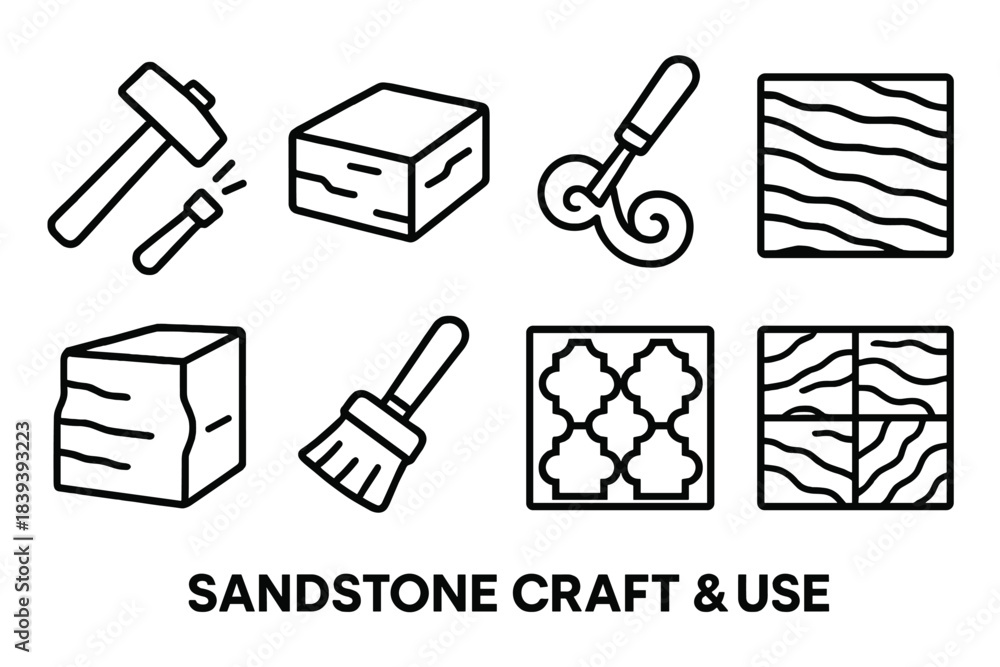 Fototapeta premium Sandstone Craft Icons. Sandstone Craft & Use linear set: chisel mark, stone block, carving tool, texture sample, quarry cut slab, dust brush, pattern stencil, finished stone tile.