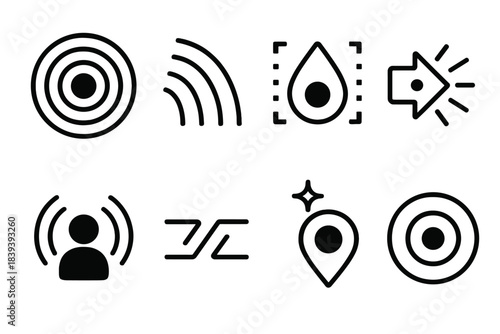 Dynamic Icon Patterns. Dynamic Message Systems linear set: radiant ping, segmented wave, coded ripple, directional tag, broadcast arc, sync line, luminous marker, pulse ring.