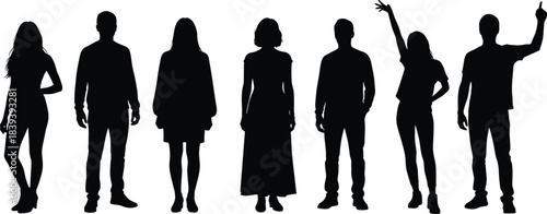 People silhouettes collection standing and gesturing, men and women human figures set, social interaction concept, isolated black illustration