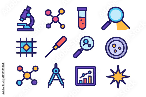 Minimalist Science Icons. Scientific Exploration Icons flat set: research microscope, data nodes, specimen vial, discovery beam, exploration grid, probe tool, analysis lens, sample