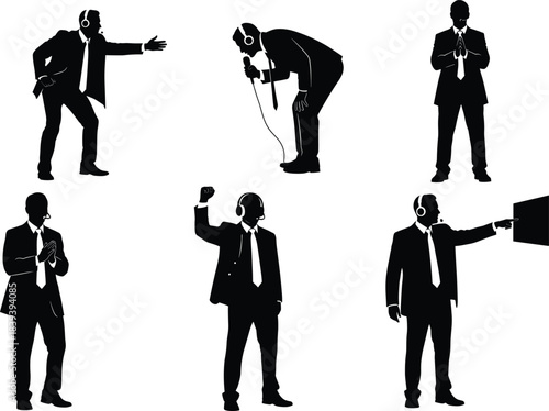 Silhouette business people, headset professionals, speaker, presenter, coach, communication pose, vector illustration, black and white, corporate gestures, training