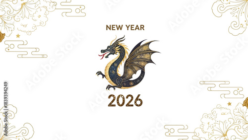 Elegant black and gold dragon design announces the arrival of the Chinese New Year 2026 celebration with traditional motifs