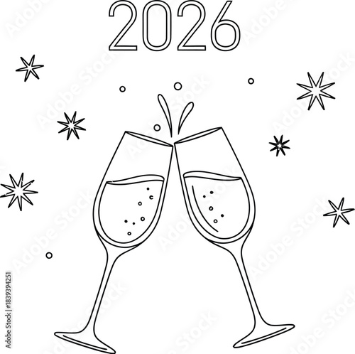 Outline drawing celebrating the arrival of the new year 2026 with two clinking champagne flutes and festive stars