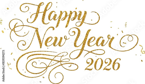 Elegant golden glitter script typography wishes happy new year 2026 surrounded by falling confetti on a clean white background design