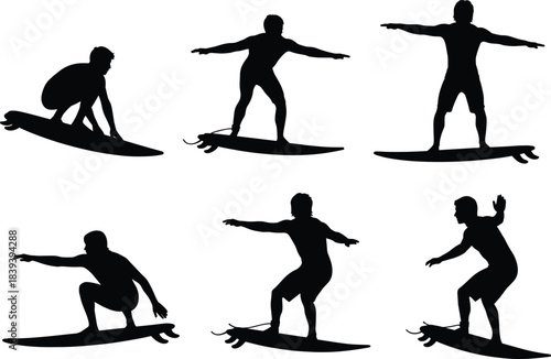 Silhouette illustration of surfers on surfboards in crouching, balancing, and turning poses showing dynamic surfing techniques and motion