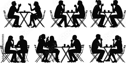 Conversation icon set, black silhouette people sitting at tables in social interaction poses, cad drawing flat vector illustration