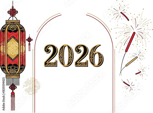 Celebrate the arrival of 2026 with traditional Chinese lanterns and festive fireworks in a minimalist design
