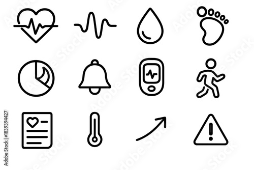 Wellness Monitoring Icons. Daily Wellness Monitoring linear set: pulse dot line, breathing wave, hydration droplet, movement steps icon, rest cycle chart, smart reminder bell,