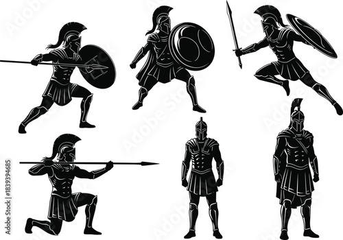 Silhouette illustration of ancient Greek warriors in combat poses with helmets, shields, spears, swords, classical armor and stance