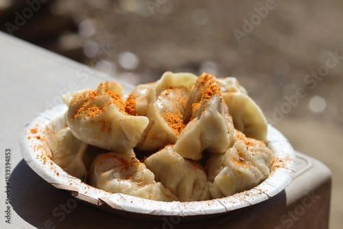 Photography Shimla Steamed Momos Close-up Freshly steamed momos topped with spicy seasoning on an eco-friendly plate, photographed in natural light in Shimla