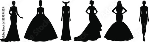 Formal gown silhouette illustration, six women, fashion poses, evening dresses, black vector artwork, white background
